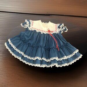 Bryan Ruffle Sailor Dress 18 month Swiss Dot Lace Bib Blue Vintage 80s